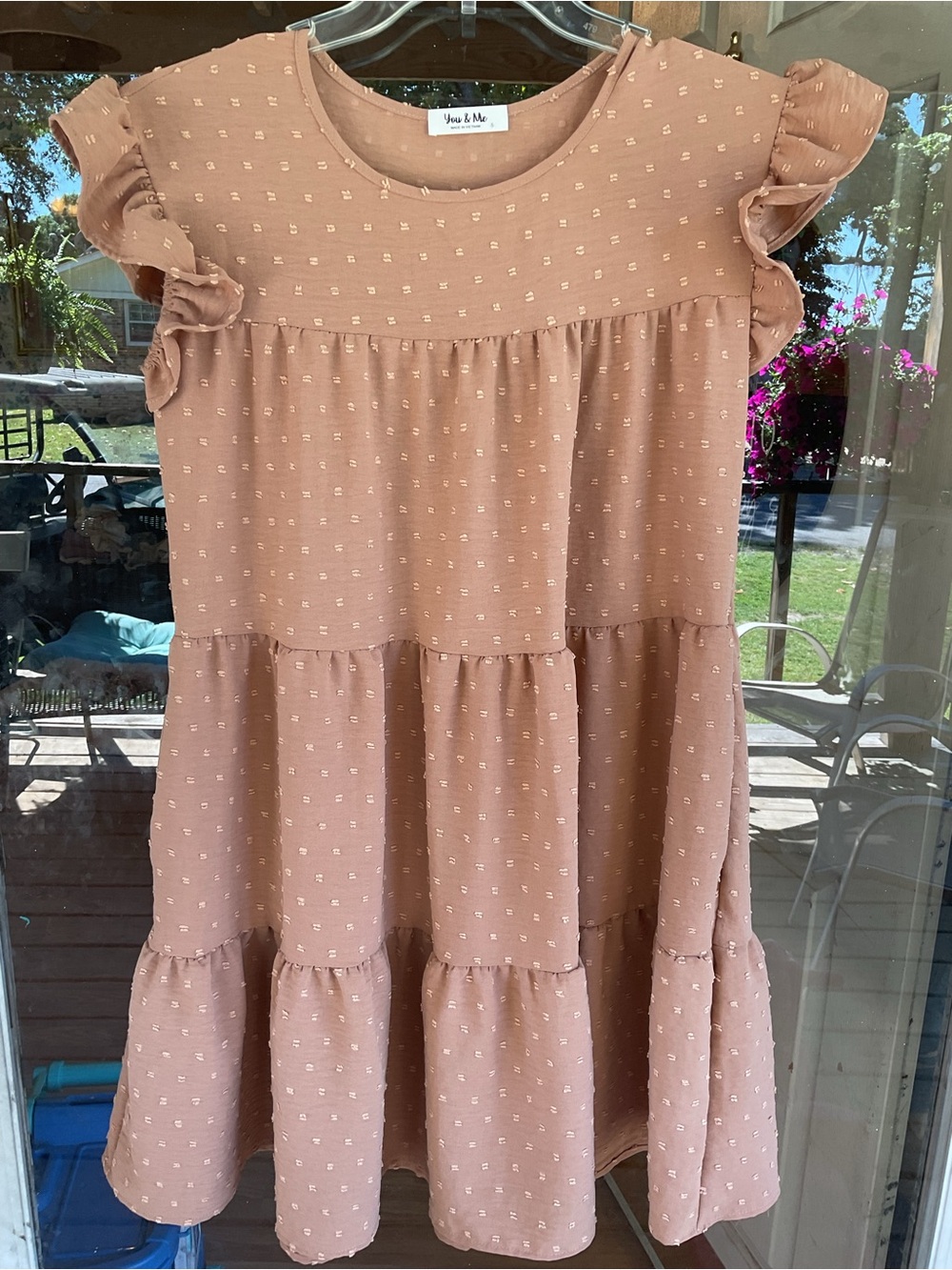 You&Me Dusty Rose Ruffle Tiered Dress Sz. S. Swiss Dot 38”x34”